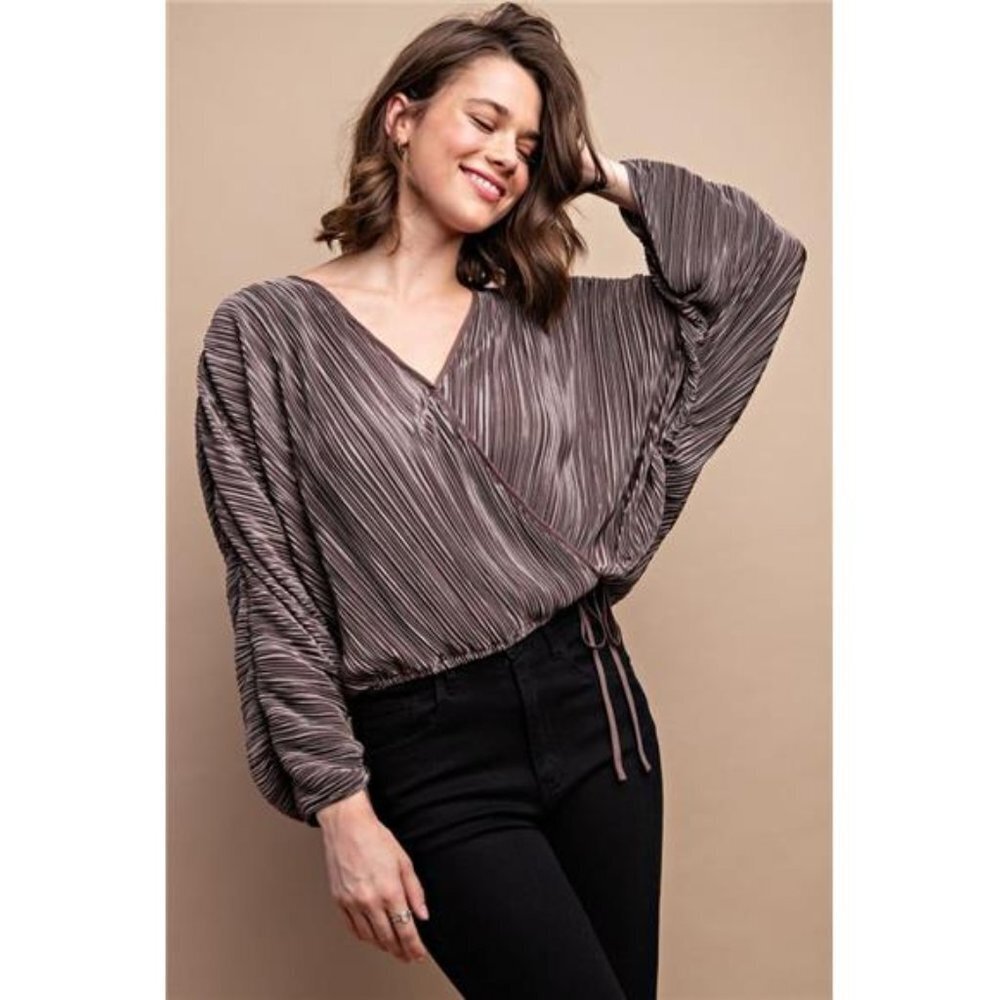 New Mocha Satin Pleated Drawstring Top With Snap Button Blouse For Women
